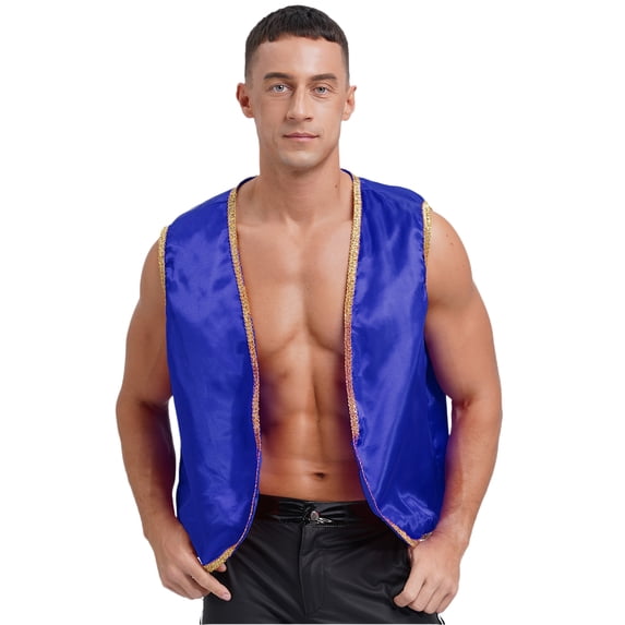 Zaldita Mens Halloween Tops Shiny Stain Vest Gold Trim Sleeveless Open Front Waistcoat Royal Blue XXL