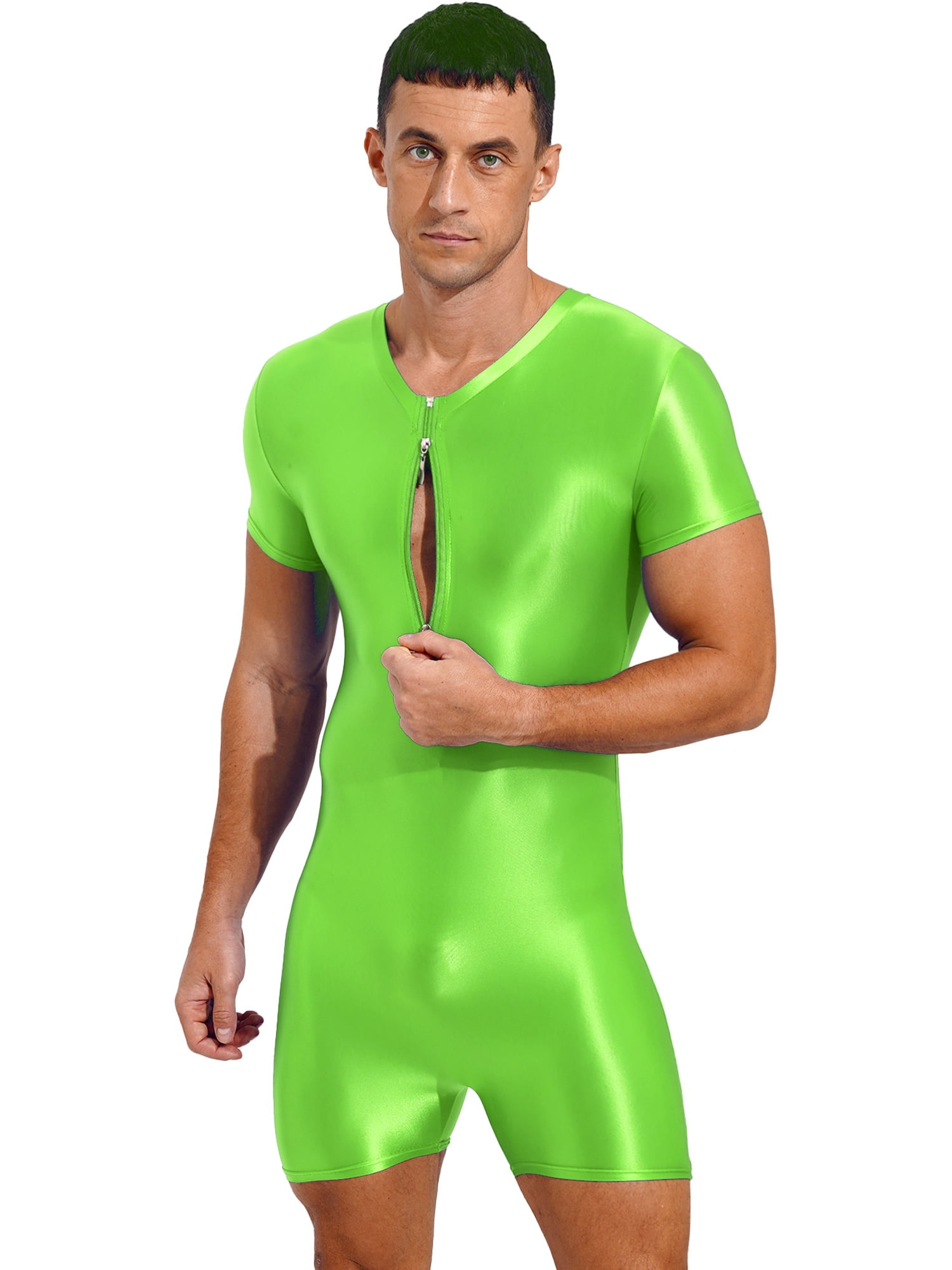 Zaldita Mens One-Piece Swimsuit Glossy Stretchy Round Neck Bodysuit for ...