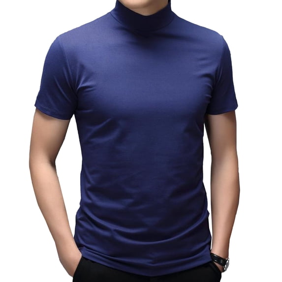 Zaldita Mens Short Sleeve Basic Tops Mock Turtleneck Casual Pullover T-Shirt Slim Fit Solid Undershirt Blue L
