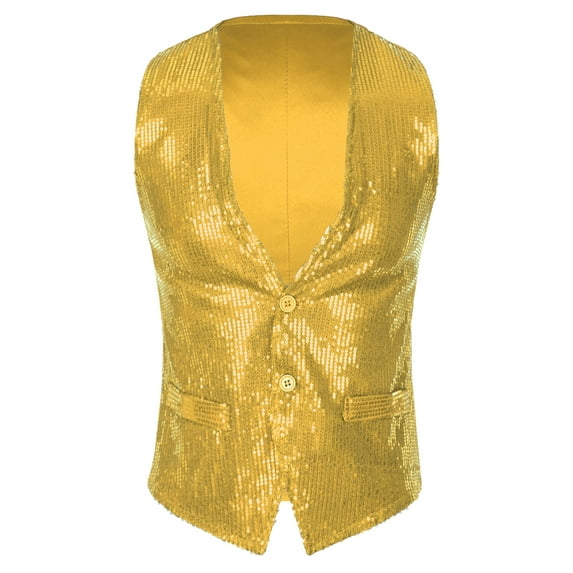 Zaldita Mens Sparkly Sequins V-Neck Vest Button Down Hipster Dress Suit Nightclub Party Waistcoat Gold M