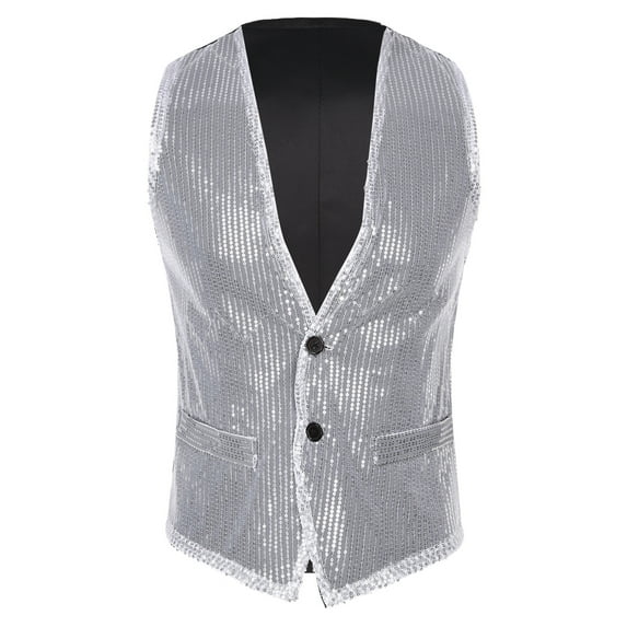 Zaldita Mens Sparkly Sequins V-Neck Vest Button Down Hipster Dress Suit Nightclub Party Waistcoat Silver XXL