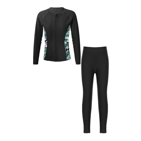 Zaldita Modest Full Body 2 Pcs Swimsuit for Big Girls Floral Upf 50+ Top with Leggings Rashguard Sets Black 12