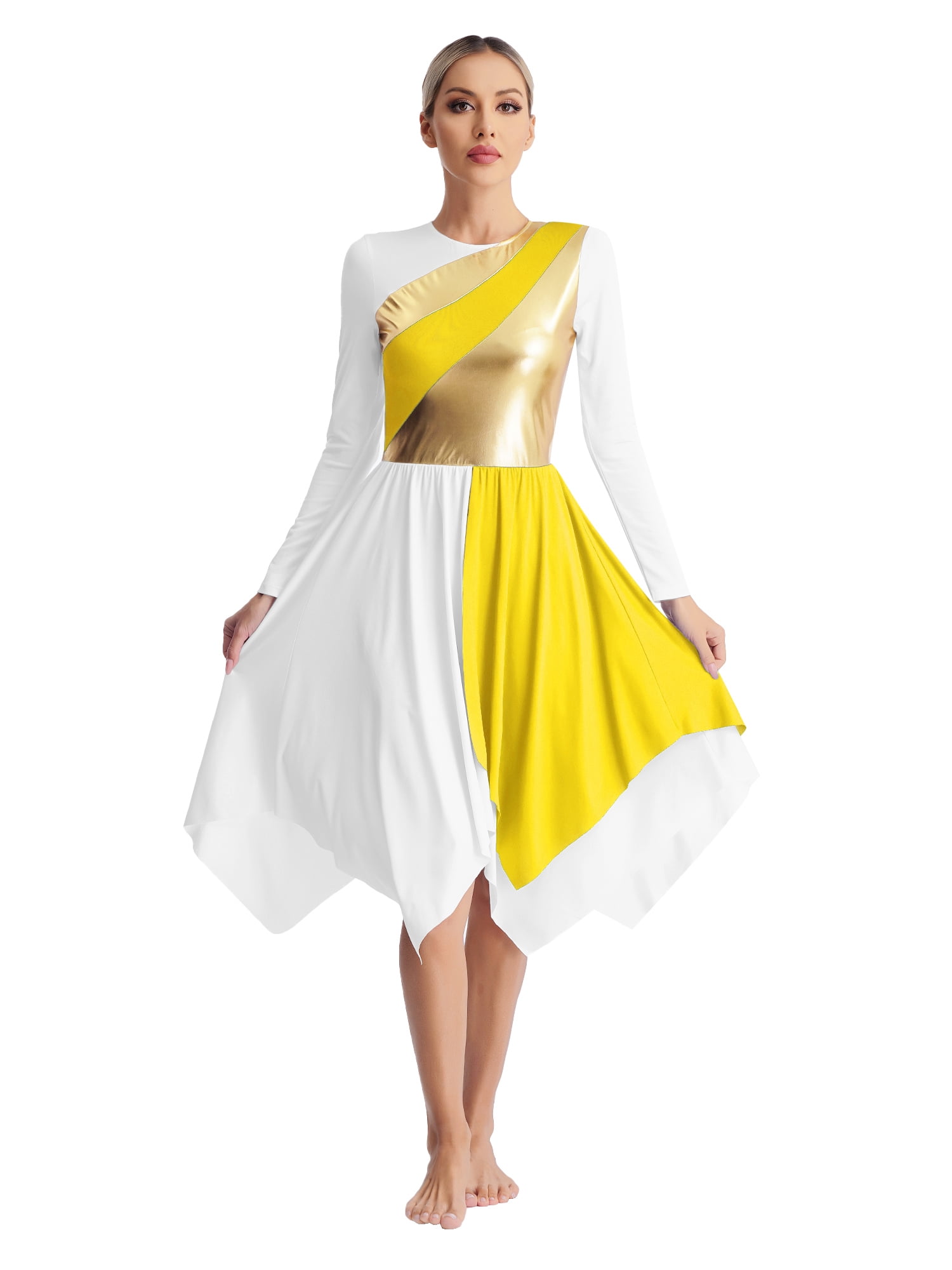 Praise Dance Tunic Dresses For Women Sleeveless Gold Color Block Irregular Flowy Skirt Worship Lyrical Dance Costume