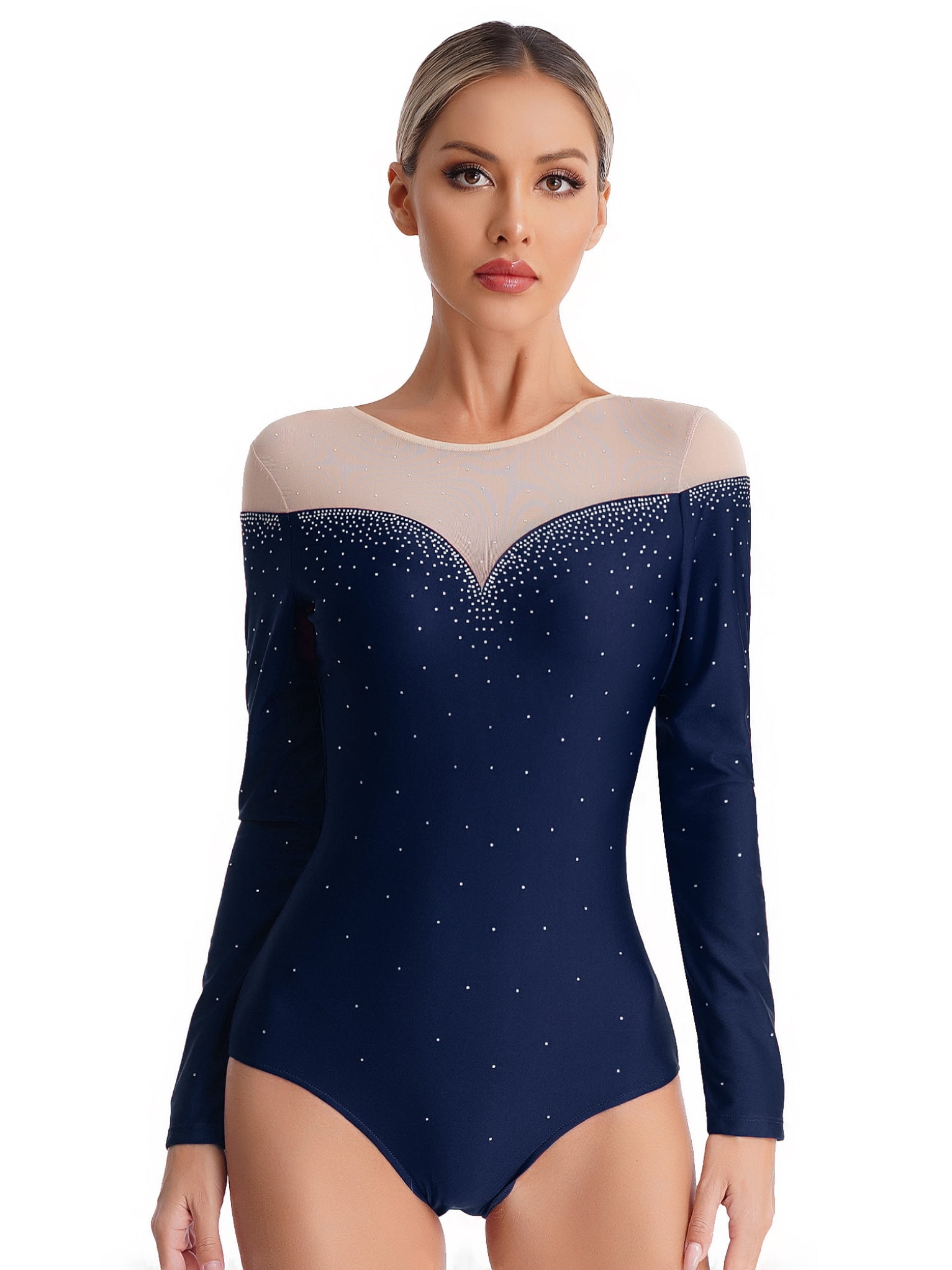Zaldita Sparkle Sheer Mesh Long Sleeve Bodysuit Ballet Leotard for