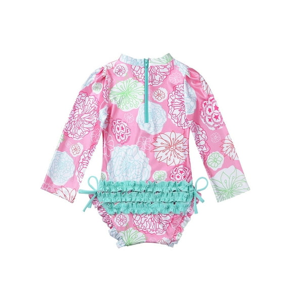 Zaldita Toddler Baby Girls One Piece Swimsuit Rash Guard Leotard Tops Floral Print Ruffled Swimwear Pink 6-12 Months