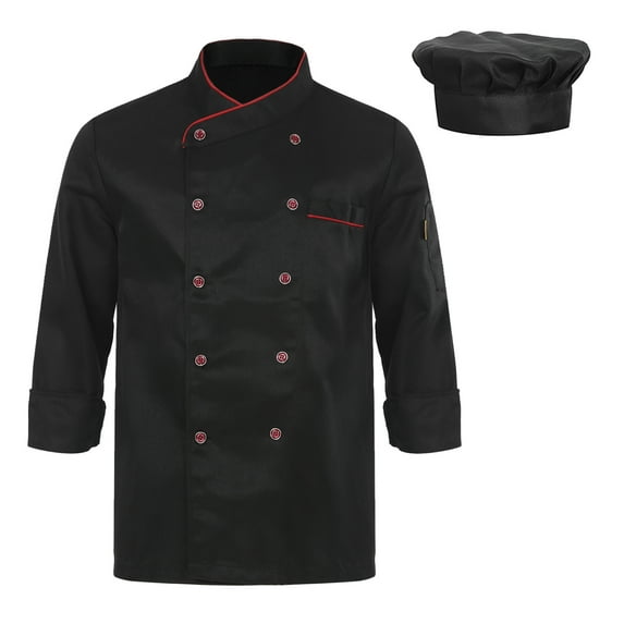 Zaldita Unisex Chef Coat Men's Long Sleeve Chef Jacket with Chef Hat Restaurant Kitchen Chef Uniform 02#Black 4XL