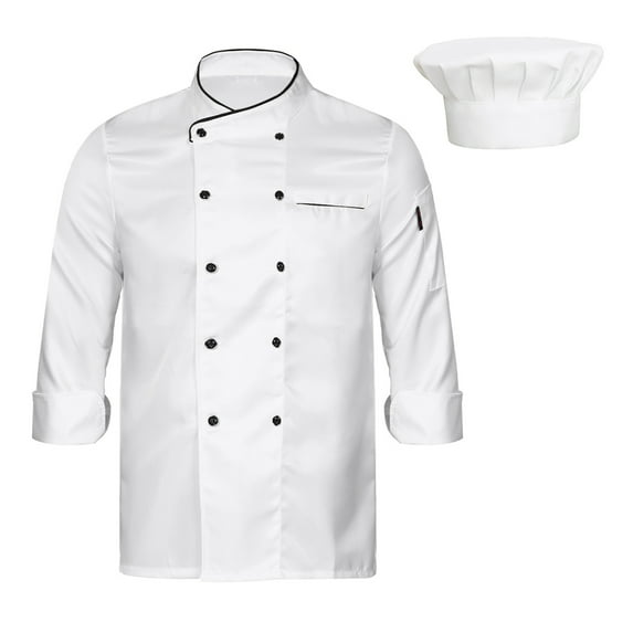 Zaldita Unisex Professional Chef Jacket with Chef Hat Set Mens Womens Hotel Restaurant Kitchen Chef White Long Sleeve XXL