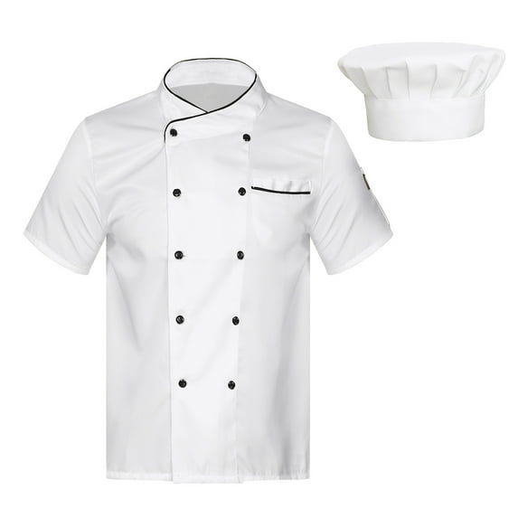 Zaldita Unisex Short Sleeve Chef Coat Jacket with Hat Button Restaurant Kitchen Chef Uniform 02#White M