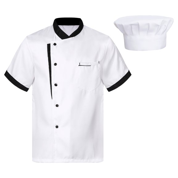 Zaldita Unisex Short Sleeve Chef Coat Jacket with Hat Button Restaurant Kitchen Chef Uniform White XL
