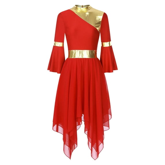 Zaldita Women 3/4 Flared Sleeve Asymmetrical Dance Dress Lyrical Liturgical Praise Overlay Tunic Red L