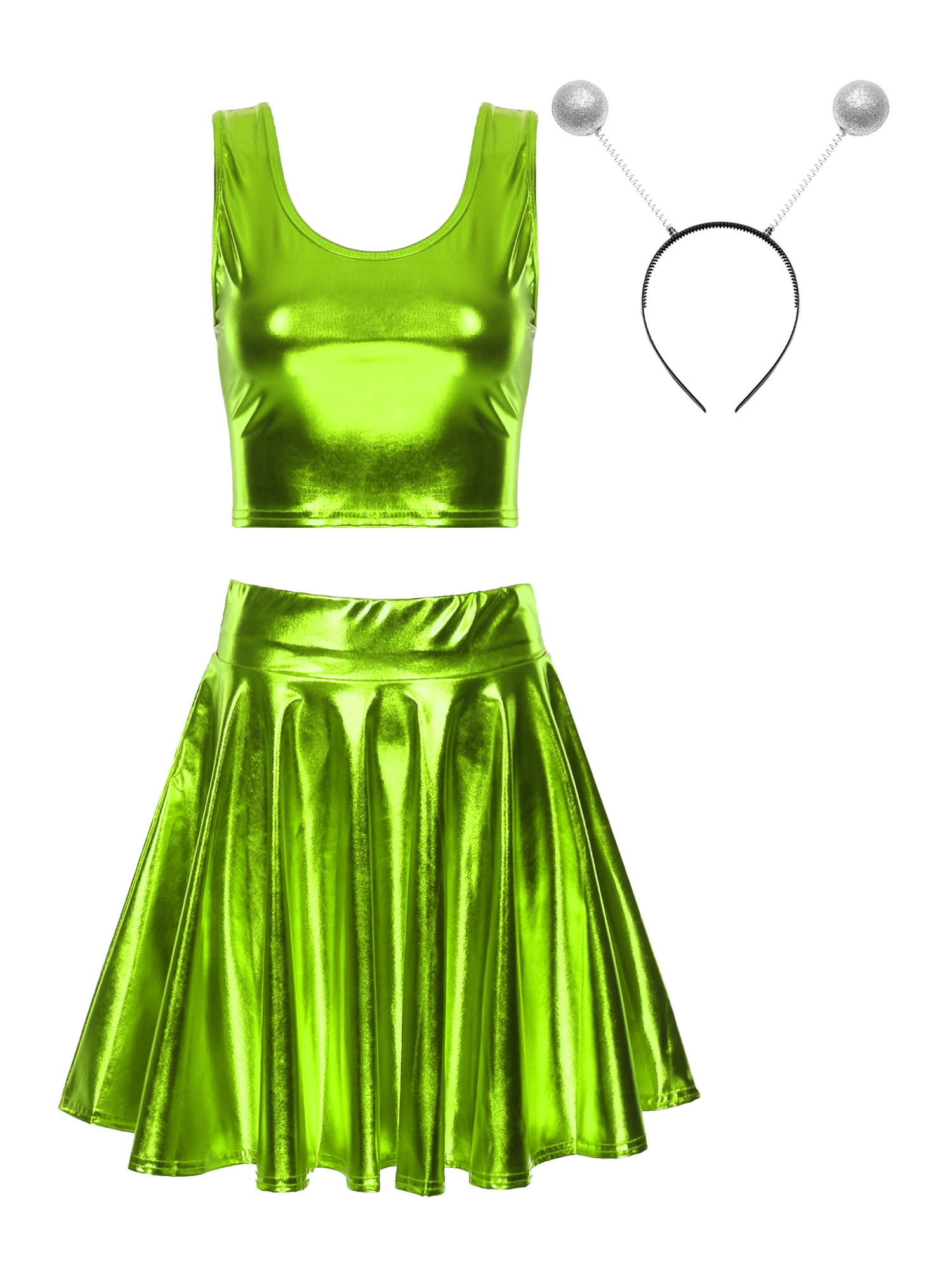 Zaldita Women Alien Costume Metallic Crop Tank Top Pleated Skirt with Headband Rave Outfit Halloween Fluorescent Green L