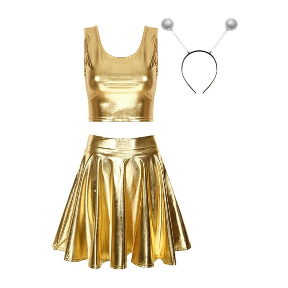 Zaldita Women Alien Costume Metallic Crop Tank Top Pleated Skirt with Headband Rave Outfit Halloween Gold M