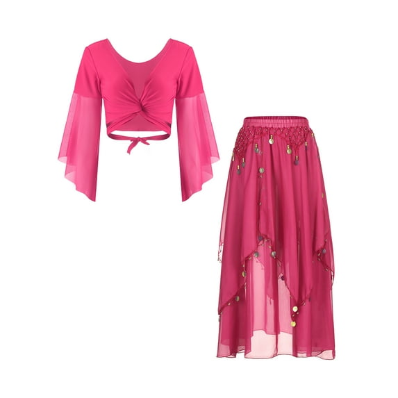 Zaldita Women Belly Dance Dress Belly Cropped Top with Sparkly Sequin Skirts 2 Piece Outfits Hot Pink One Size