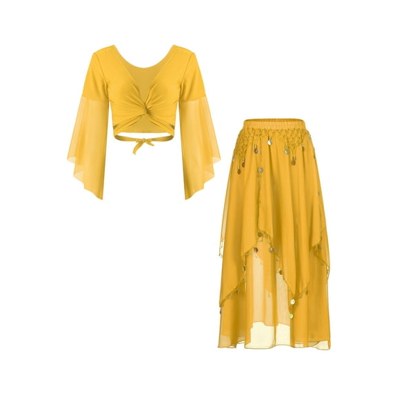 Zaldita Women Belly Dance Dress Belly Cropped Top with Sparkly Sequin Skirts 2 Piece Outfits Yellow One Size