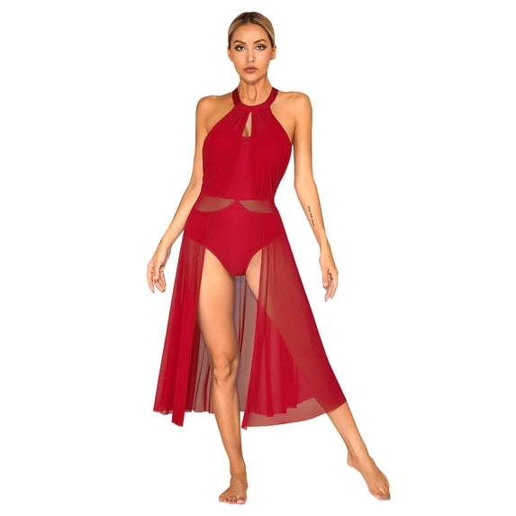 Zaldita Women Contemporary Lyrical Dance Dress Halter Neck Leotard Tulle Maxi Overlay Dress Burgundy XXL
