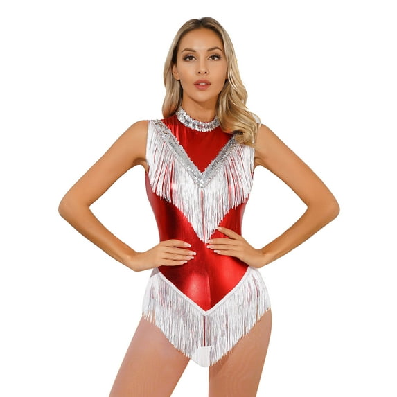 Zaldita Women Jazz Latin Dance Leotard Sequins Tassel Bodysuit Samba Cha-Cha Dance Dress Red XL