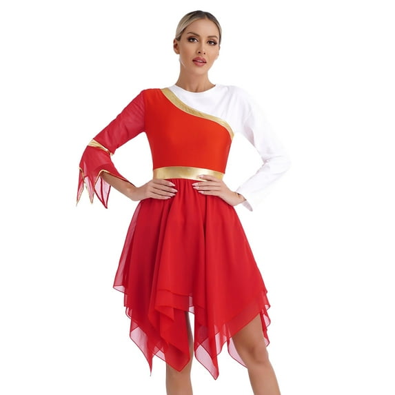 Zaldita Women Liturgical Praise Dance Dress One Shoulder Lyrical Dancewear Worship Dance Tunic Red XL