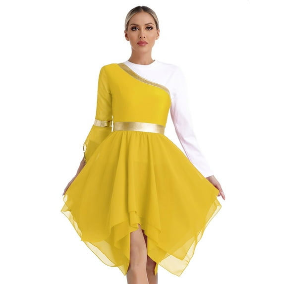 Zaldita Women Liturgical Praise Dance Dress One Shoulder Lyrical Dancewear Worship Dance Tunic Yellow L
