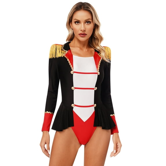 Zaldita Women Long Sleeve Jumpsuit Color Block Patchwork Skirted Bodysuit Halloween Tassel Leotard Tops Black S