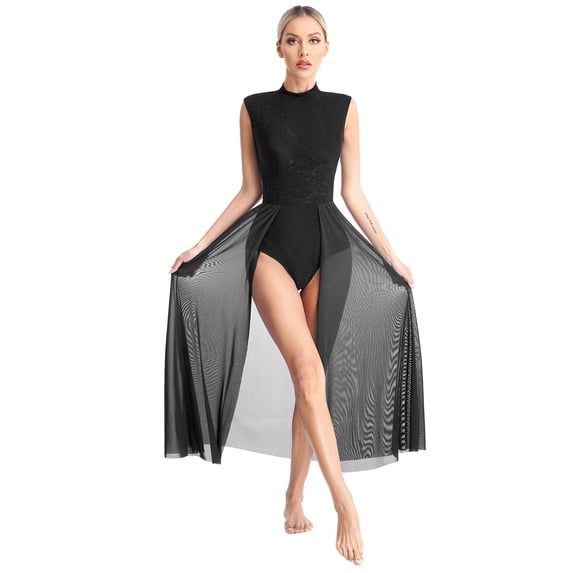 Zaldita Women Lyrical Contemporary Dance Dress Floral Lace Leotard Mesh Tulle Maxi Long Skirt Black S