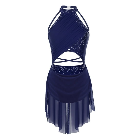 Zaldita Women Lyrical Dance Dress Contemporary Dancing Flowy Tulle Skirt Leotard Ballet Dancewear Navy Blue XL