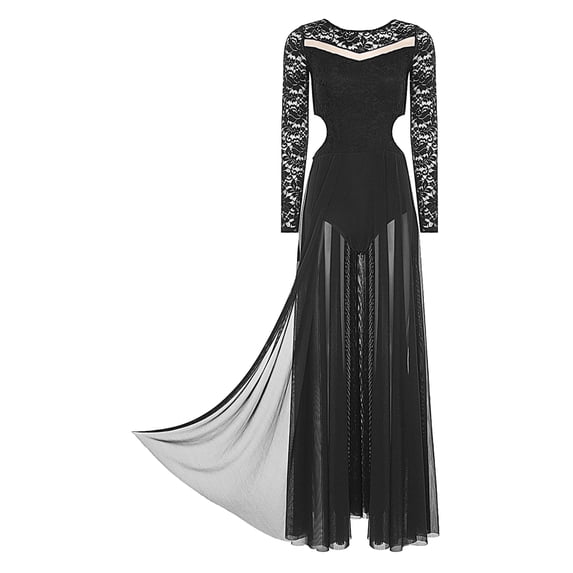 Zaldita Women Lyrical Dance Dress Floral Lace Long Sleeve Mesh Tulle Flowy Maxi Long Dress Dancewear Black XXL