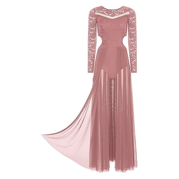 Zaldita Women Lyrical Dance Dress Floral Lace Long Sleeve Mesh Tulle Flowy Maxi Long Dress Dancewear Coffee S