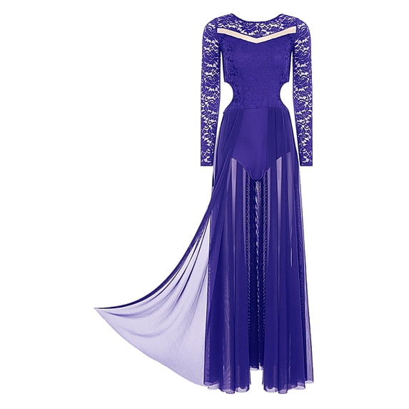 Zaldita Women Lyrical Dance Dress Floral Lace Long Sleeve Mesh Tulle Flowy Maxi Long Dress Dancewear Purple XL