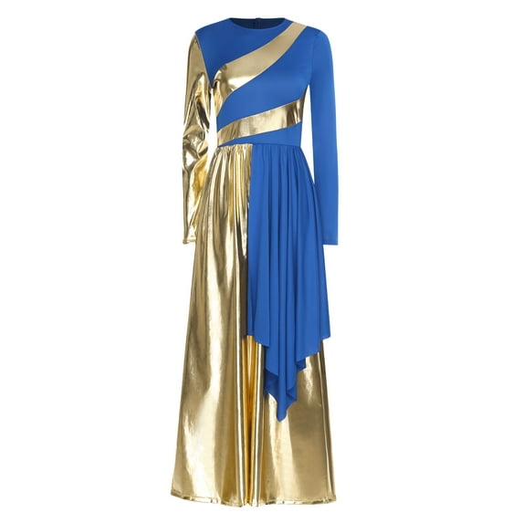 Zaldita Women Metallic Color Block Liturgical Praise Dance Bodysuit Wide-Leg Jumpsuit Choir Dancewear Blue XL