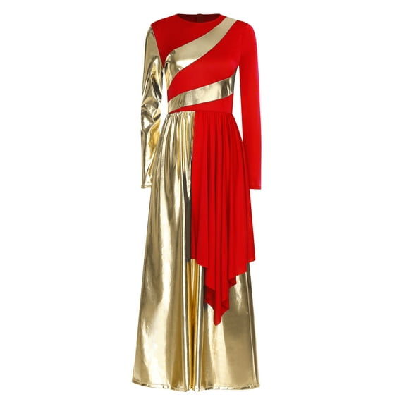 Zaldita Women Metallic Color Block Liturgical Praise Dance Bodysuit Wide-Leg Jumpsuit Choir Dancewear Red S