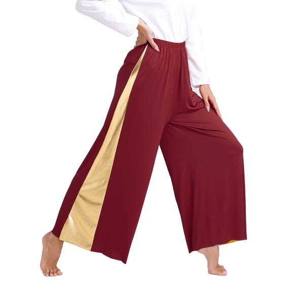 Zaldita Women Palazzo Pant Loose Fit Elastic Waist Wide Leg for Yoga Praise Dance Training Burgundy XXL