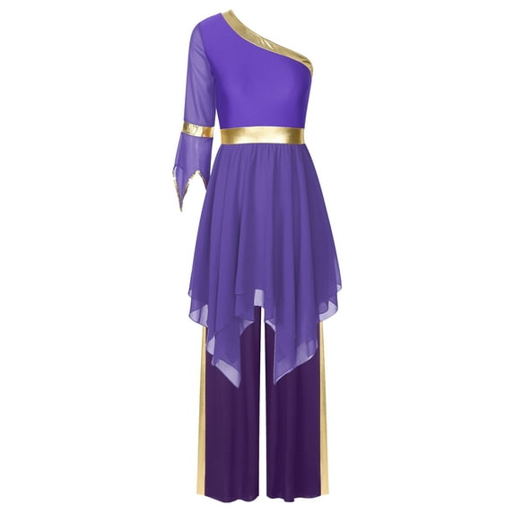 Zaldita Women Praise Dance Dress Outfit Irregular Liturgical Worship Dress with Wide-Leg Pants Purple S