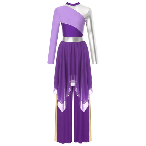 Zaldita Women Praise Liturgical Dancewear 2Pcs Outfit Long Sleeve Color Block Dress with Pants Purple M