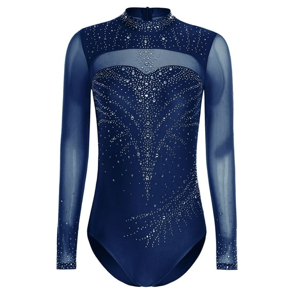 Zaldita Women Rhinestone Gymnastics Leotards Ballet Dance Leotard Long Sleeve Figure Skating Bodysuit Navy Blue XXL