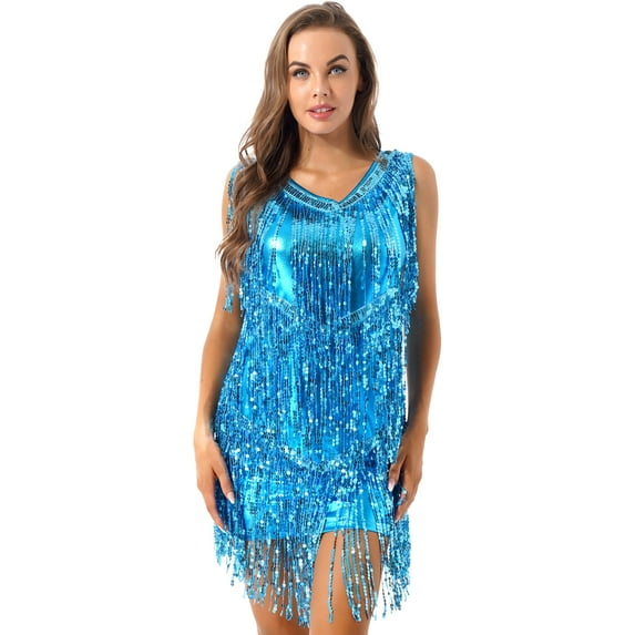 Zaldita Women Sequins Shiny Samba Rumba Latin Dance Dress Tassels Fringe Wrap Dress Cocktail Party Dress A Sky Blue M