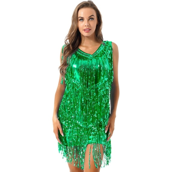 Zaldita Women Sequins Shiny Samba Rumba Latin Dance Dress Tassels Fringe Wrap Dress Cocktail Party Dress Green M