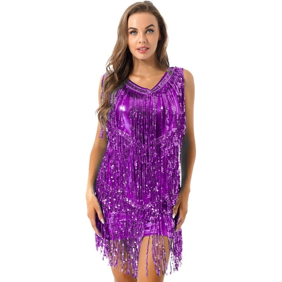 Zaldita Women Sequins Shiny Samba Rumba Latin Dance Dress Tassels Fringe Wrap Dress Cocktail Party Dress Purple M