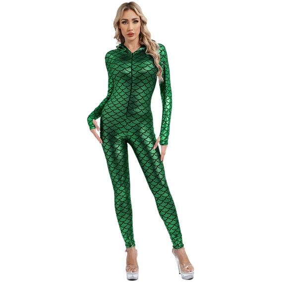 Zaldita Women Shiny Fishscale Print Long Sleeve Unitard with Hooded Front Zipper Full body Jumpsuit Dark Green S