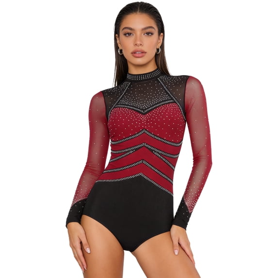 Zaldita Women's Ballet Leotard Rhinestone Long Sleeves Gymnastics Leotards Adult Figure Skating Jumpsuit Burgundy XL