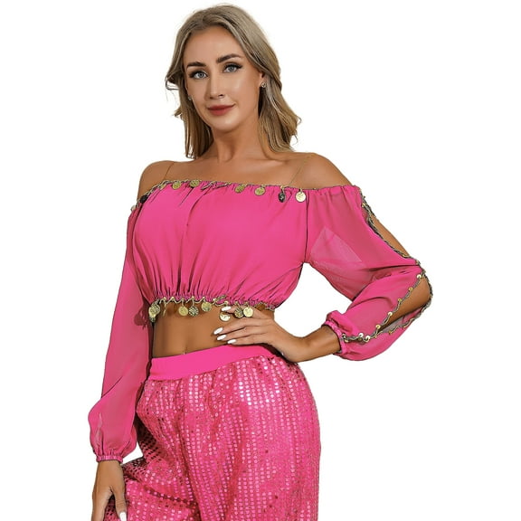 Zaldita Women's Belly Dance Crop Top Blouse Shiny Sequin Off Shoulder Top Party Festival Club Wear Hot Pink One Size