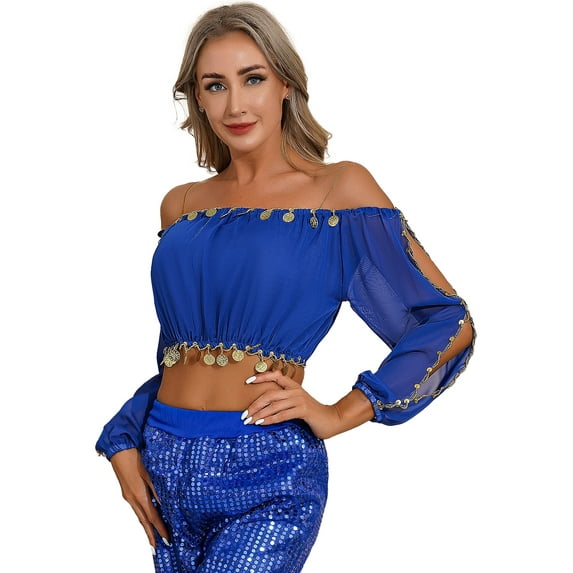 Zaldita Women's Belly Dance Crop Top Blouse Shiny Sequin Off Shoulder Top Party Festival Club Wear Royal Blue One Size