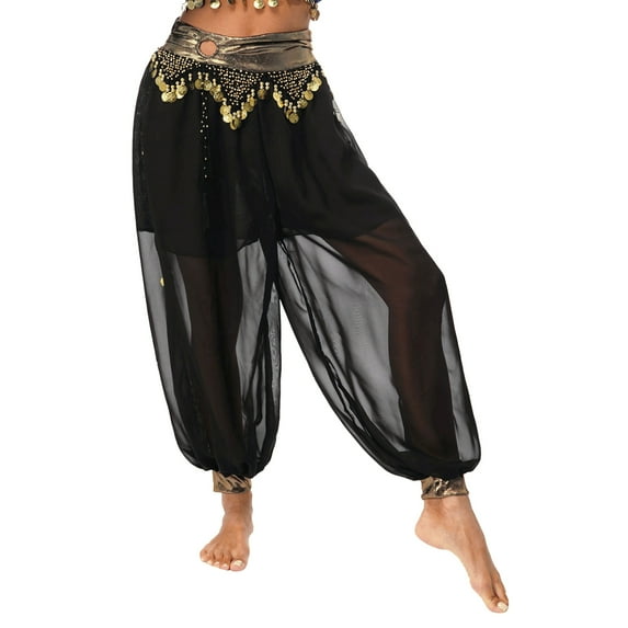 Zaldita Women's Belly Dance Harem Pants Shiny Sequin Tassel Trouser Arabic Performance Loose Pants Black One Size