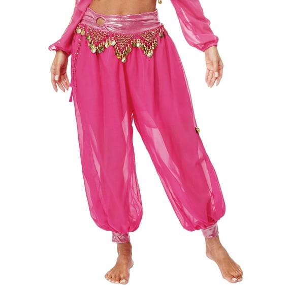 Zaldita Women's Belly Dance Harem Pants Shiny Sequin Tassel Trouser Arabic Performance Loose Pants Hot Pink One Size