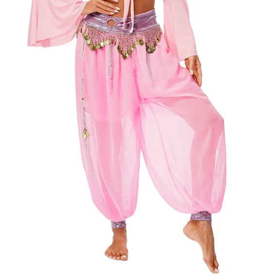 Zaldita Women's Belly Dance Harem Pants Shiny Sequin Tassel Trouser Arabic Performance Loose Pants Pink One Size