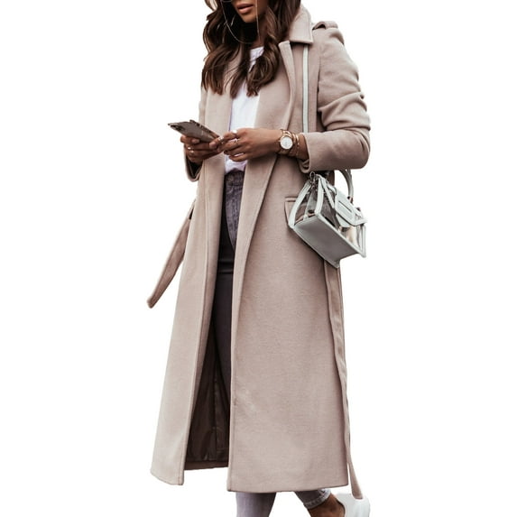 Zaldita Women's Classic Lapel Trench Coat Open Front Fall Winter Overcoat Jacket with Belt Beige L