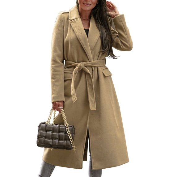 Zaldita Women's Classic Lapel Trench Coat Open Front Fall Winter Overcoat Jacket with Belt Camel L