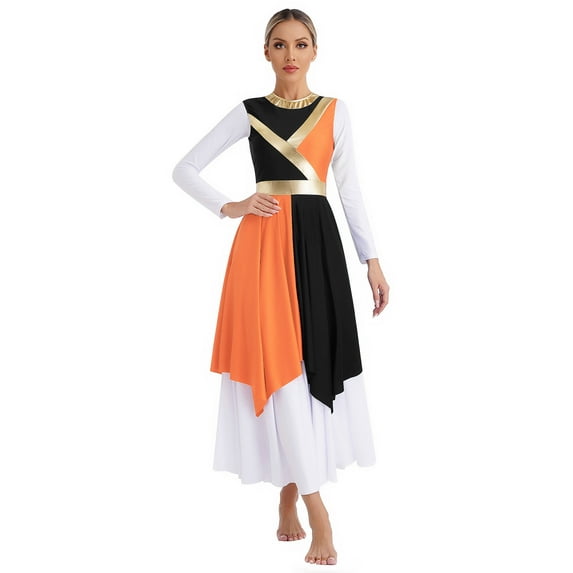 Zaldita Women's Color Block Praise Dance Tunic Irregular Hem Worship Liturgical Dance Dress Black&Orange XXL