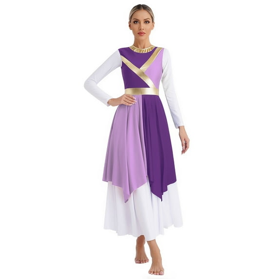 Zaldita Women's Color Block Praise Dance Tunic Irregular Hem Worship Liturgical Dance Dress Purple&Light Purple S
