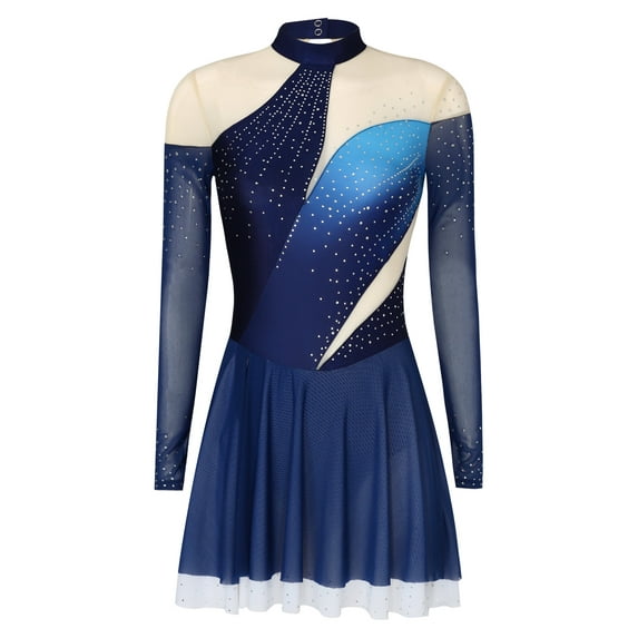 Zaldita Women's Figure Ice Skating Dress Long Sleeve Shiny Rhinestones Lyrical Dance Dresses Navy Blue S