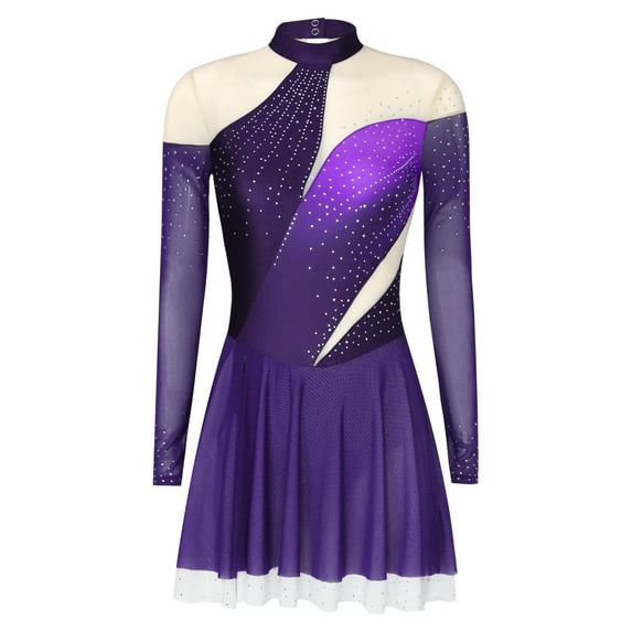 Zaldita Women's Figure Ice Skating Dress Long Sleeve Shiny Rhinestones Lyrical Dance Dresses Purple 3XL